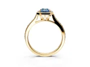 Halo Engagement Ring Setting for Fancy Blue Emerald Cut Center with Pave Accents, Heart Basket and Prong Head in Yellow Gold