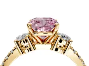 3 Stone Engagement Ring Setting for Fancy Pink Cushion Cut Center with Round Cut Side Accents and Prong Head in Yellow Gold