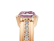 Halo Engagement Ring Setting for Fancy Pink Asscher Cut Center with Wide Band, Inlaid Accent Row and Prong Head in Rose Gold