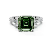 3 Stone Engagement Ring Setting for Fancy Green Asscher Cut Center with Round Cut Side Accents and Prong Head in Platinum
