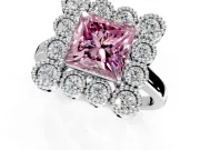 Cluster Halo Engagement Ring Setting for Fancy Pink Princess Cut Center with Milgrain Bezel Accents and Prong Head in White Gold