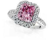 Pave Halo Engagement Ring Setting for Fancy Pink Radiant Cut Center with Single Row Pave Band and Prong Head in Platinum
