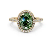 Halo Engagement Ring Setting for Fancy Green Oval Center with Pave Accents, Heart Basket and Prong Head in Yellow Gold