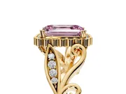 Halo Engagement Ring Setting for Fancy Pink Emerald Cut Center with Leaf Motif Split Shank and Prong Head in Yellow Gold