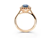 Starburst Halo Engagement Ring Setting for Fancy Blue Radiant Cut Center with Thin Round-Wire Band and Prong Head in Rose Gold
