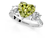 3 Stone Engagement Ring Setting for Fancy Yellow Heart-Shaped Center with Crossover Basket, Pave Band and Prong Head in White Gold