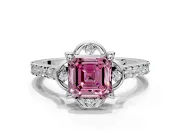 Floral Engagement Ring Setting for Fancy Pink Asscher Cut Center with Pave Band and Floral Prong Head in White Gold