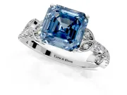 Leaf Motif Engagement Ring Setting for Fancy Blue Asscher Cut Center with Pave Band and Prong Head in Sterling Silver