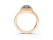 Halo Engagement Ring Setting for Fancy Blue Princess Cut Center with Inner Milgrain Border and Prong Head in Rose Gold