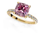 Solitaire Engagement Ring Setting for Fancy Pink Cushion Cut Center with Fine Pave Narrow Band and Prong Head in Yellow Gold