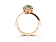 Halo Engagement Ring Setting for Fancy Green Oval Center with Openwork Halo, Pave Band and Prong Head in Rose Gold