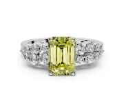 Cluster Engagement Ring Setting for Fancy Yellow Emerald Cut Center with 2-Row Shoulder Clusters and Prong Head in White Gold