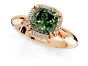 Halo Engagement Ring Setting for Fancy Green Cushion Cut Center with Tapered Plain Band and Prong Head in Rose Gold