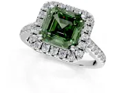 Halo Engagement Ring Setting for Fancy Green Asscher Cut Center with Raised Halo, Pave Band and Prong Head in Sterling Silver