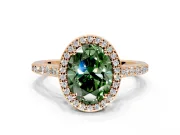 Halo Engagement Ring Setting for Fancy Green Oval Center with Pave Accents, Heart Basket and Prong Head in Rose Gold