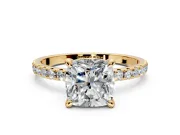 Solitaire Engagement Ring Setting for Cushion Cut Center with Fine Pave Narrow Band and Prong Head in Yellow Gold
