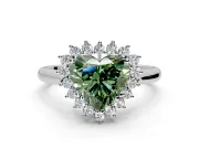 Starburst Halo Engagement Ring Setting for Fancy Green Heart-Shaped Center with Thin Round-Wire Band and Prong Head in Sterling Silver