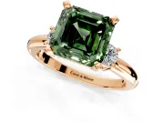 3 Stone Engagement Ring Setting for Fancy Green Asscher Cut Center with Wide Plain Band and Prong Head in Rose Gold