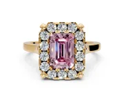 Single Halo Engagement Ring Setting for Fancy Pink Emerald Cut Center with Corner Claws, Plain Band and Prong Head in Yellow Gold