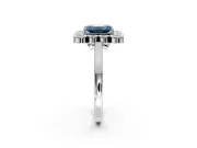 Cluster Halo Engagement Ring Setting for Fancy Blue Emerald Cut Center with Milgrain Bezel Accents and Prong Head in White Gold