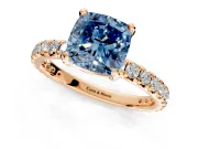 Solitaire Engagement Ring Setting for Fancy Blue Cushion Cut Center with Shared-Prong Accents and Prong Head in Rose Gold