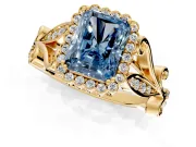 Halo Engagement Ring Setting for Fancy Blue Radiant Cut Center with Leaf Motif Split Shank and Prong Head in Yellow Gold