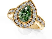 Milgrain Halo Engagement Ring Setting for Fancy Green Pear-Shaped Center with Pave Band and Prong Head in Yellow Gold