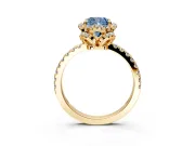 Halo Engagement Ring Setting for Fancy Blue Cushion Cut Center with Openwork Halo, Pave Band and Prong Head in Yellow Gold