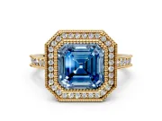 Halo Engagement Ring Setting for Fancy Blue Asscher Cut Center with Milgrain Pave Band and Bezel Head in Yellow Gold