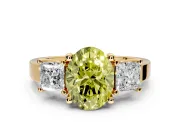 3 Stone Engagement Ring Setting for Fancy Yellow Oval Center with Matching Side Accents and Prong Head in Yellow Gold