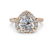 Halo Engagement Ring Setting for Heart-Shaped Center with Narrowing Pave Band and Prong Head in Rose Gold