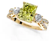3 Stone Engagement Ring Setting for Fancy Yellow Radiant Cut Center with Pave Split Shank and Prong Head in Yellow Gold