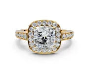 Bezel-Framed Halo Engagement Ring Setting for Cushion Cut Center with Pave Band and Prong Head in Yellow Gold