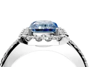 Pave Halo Engagement Ring Setting for Fancy Blue Radiant Cut Center with Single Row Pave Band and Prong Head in Platinum
