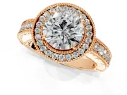 Milgrain Halo Engagement Ring Setting for Round Cut Center with Pave Band and Prong Head in Rose Gold