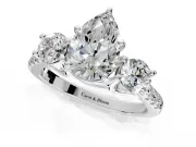 3 Stone Engagement Ring Setting for Pear-Shaped Center with Crossover Basket, Pave Band and Prong Head in Platinum