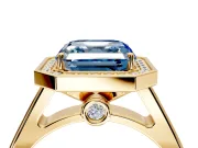 Halo Engagement Ring Setting for Fancy Blue Asscher Cut Center with Outer Bezel Rim, Pave Band and Prong Head in Yellow Gold