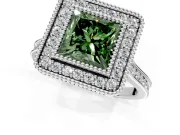 Halo Engagement Ring Setting for Fancy Green Princess Cut Center with Milgrain Frame, Pave Band and Prong Head in White Gold