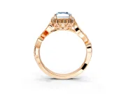 Halo Engagement Ring Setting for Fancy Blue Radiant Cut Center with Leaf Motif Split Shank and Prong Head in Rose Gold