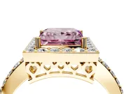 Halo Engagement Ring Setting for Fancy Pink Princess Cut Center with Heart-Shaped Openwork, Pave Band and Prong Head in Yellow Gold