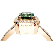 Halo Engagement Ring Setting for Fancy Green Emerald Cut Center with Inner Milgrain Border and Prong Head in Rose Gold