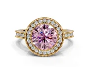 Halo Engagement Ring Setting for Fancy Pink Round Cut Center with Milgrain Halo, Pave Band and Prong Head in Yellow Gold