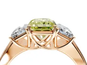 3 Stone Engagement Ring Setting for Fancy Yellow Radiant Cut Center with Raised Basket Heads and Prong Head in Rose Gold