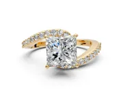 Solitaire Engagement Ring Setting for Princess Cut Center with Pave Bypass Swirl Band and Prong Head in Yellow Gold