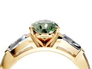 3 Stone Engagement Ring Setting for Fancy Green Pear-Shaped Center with Tapered Baguettes, Plain Band and Prong Head in Yellow Gold