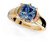 Solitaire Engagement Ring Setting for Fancy Blue Cushion Cut Center with Wide Band, Pave Collar and Prong Head in Yellow Gold