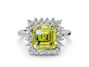Starburst Halo Engagement Ring Setting for Fancy Yellow Asscher Cut Center with Thin Round-Wire Band and Prong Head in Platinum