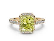 Halo Engagement Ring Setting for Fancy Yellow Radiant Cut Center with Full Pave Band and Prong Head in Yellow Gold