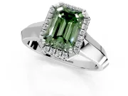 Halo Engagement Ring Setting for Fancy Green Emerald Cut Center with Knife Ridge Cathedral Band and Prong Head in Platinum