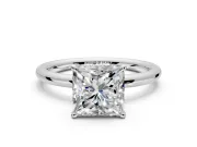 Hidden Halo Engagement Ring Setting for Princess Cut Center with Thin Rounded Band and Prong Head in White Gold